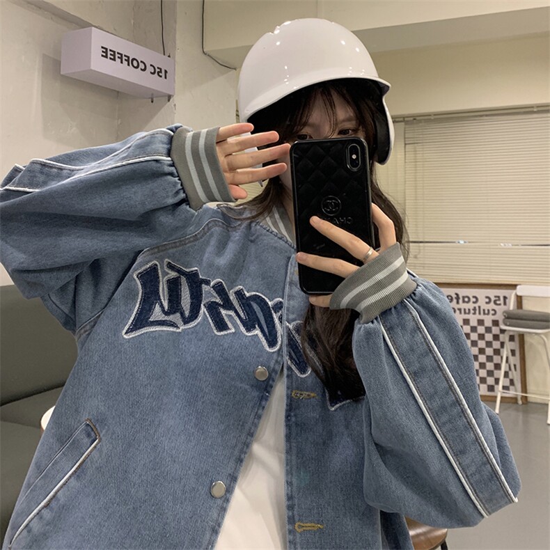 A165-P80慵懒风棒球服宽松显瘦学生复古港风小个子牛仔外套,男装工装外套,星座911