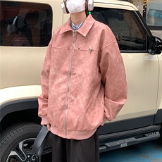 2025秋冬装做旧面料金属别针PU皮衣夹克外套PY777/特P60粉色，男装夹克，电商A094