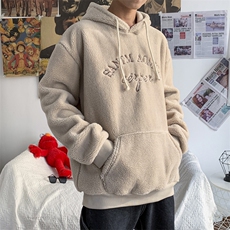 703-W199-P58秋冬港风拉绒羊羔毛卫衣绣花套头帽衫，男装卫衣，星座703