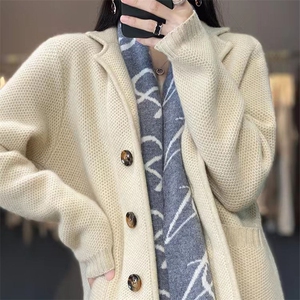 西装领羊毛开衫女重磅加厚宽松慵懒风针织外套毛衣秋冬新款羊绒衫图片