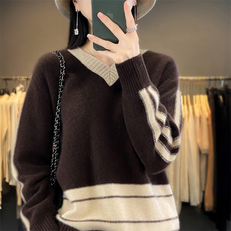 秋冬复古拼色100%纯羊毛衫女V领百搭套头针织毛衣宽松羊绒打底衫,女装羊毛衫,琳华羊绒