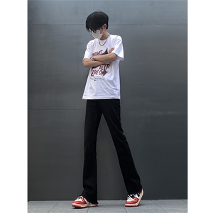 春夏主推 大码黑色毛边破洞微喇黄泥牛仔裤直筒裤 K10-P50图片