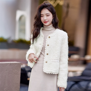 粉色甜美小香风羽绒服女短款2025冬季新款气质白鸭绒内胆毛呢外套图片