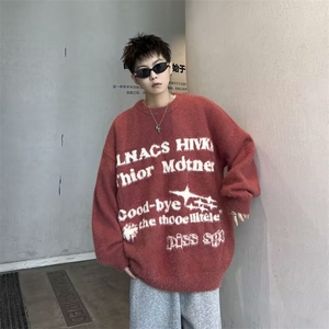 美式冬季圆领字母提花水洗貂毛毛衣男潮牌时尚加厚保暖针织衫潮图片