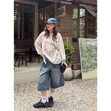 美式复古竹节纹阔腿牛仔短裤女夏季铆钉高街设计感宽松显瘦七分裤，男装牛仔裤，星座506A