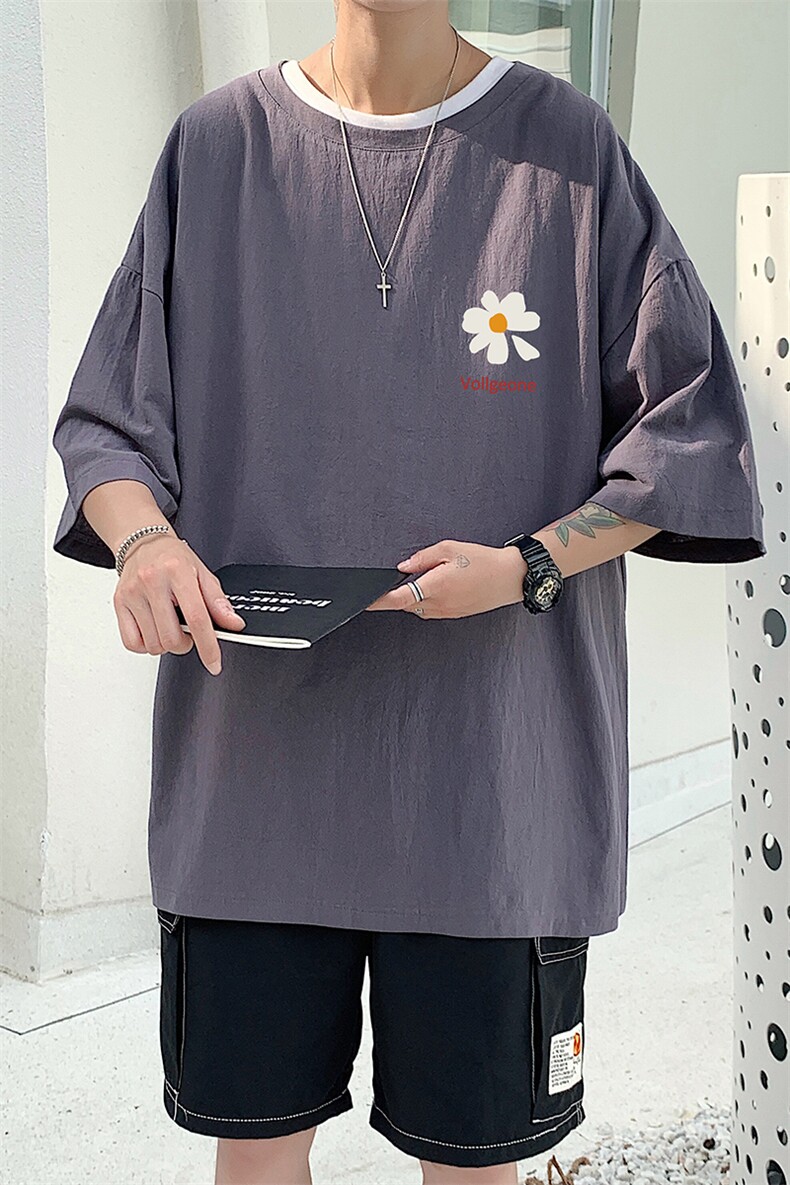 YT26059-P30亚麻短袖t恤男大码五分袖男宽松七分袖港风模特,男装T恤,电商A040