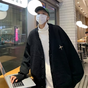 男破洞烂边设计V领针织开衫宽松日系复古毛衣M5061P42图片