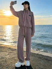 休闲运动套装女春新款粉色千鸟格抽绳立领上衣直筒长裤两件套显瘦，女装套装/套裙，江南