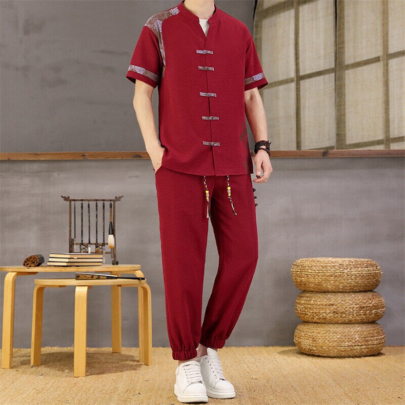 风夏季两件套男士冰丝宽松短袖套装民族男装汉服，男装T恤，星座1206（原A206）