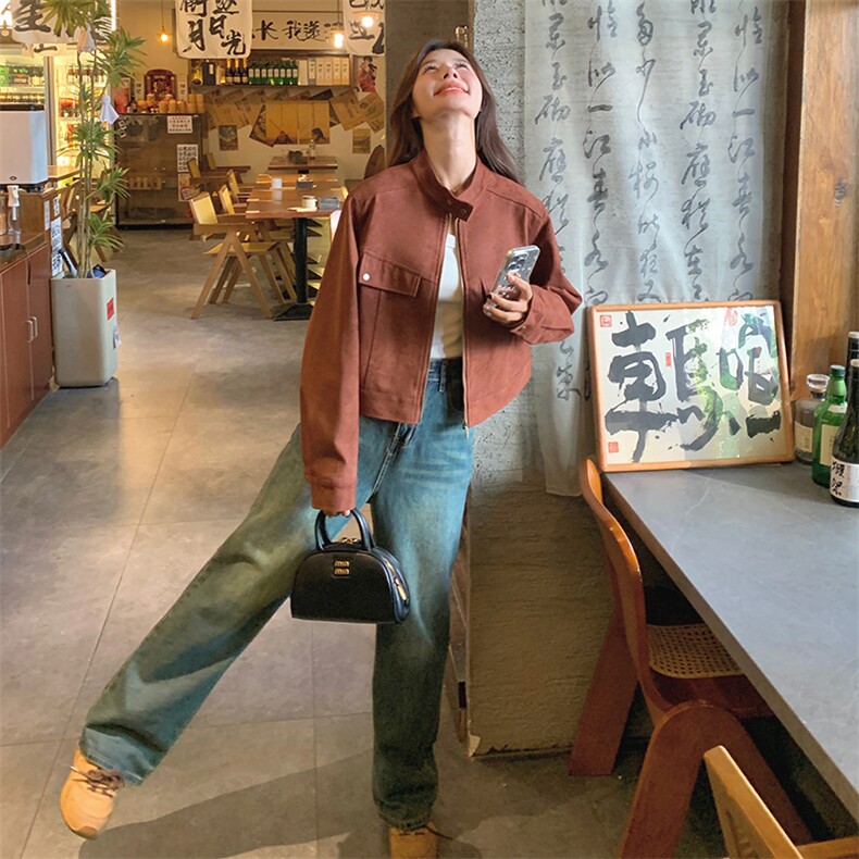 安可拉红麂皮绒立领外套女秋2025新款高级感美拉德小个子休闲夹克,女装短外套,浙宝212A