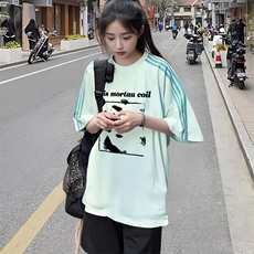 抖音得物品质二开240克宽松纯棉美式潮牌印花三条杠中性风短袖T恤，男装T恤，电商A486