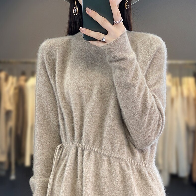 半高领中长款100%纯羊毛衫女秋冬新款抽绳针织毛衣宽松羊绒打底衫图片