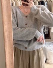 羊范软糯羊毛打底针织衫女V领宽松韩系温柔风内搭套头100羊毛衫，女装羊毛衫，戎咖羊绒