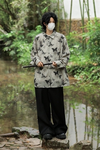 风小众设计蝴蝶短袖男女薄款宽松垂感复古水墨印花衬衣开衫外套图片