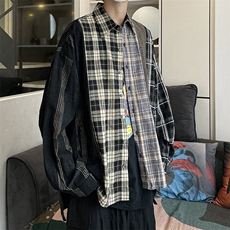 美式复古格子衬衫男女外套设计感小众外套拼接衬衣潮CS0310-P50，男装衬衫，星座308B-1