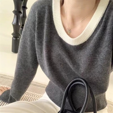 秋冬季新款舒适显瘦时尚百搭纯毛大U领针织衫衫女，女装羊毛衫，恒恩羊绒