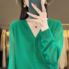 冰丝纯色V领针织长袖防晒衣女外套薄款配裙子外搭简约空调罩衫潮，女装针织衫/毛衣，秋虹羊绒