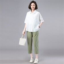 纯色单口袋POLO领单排扣中袖衬衫女2022夏季宽松百搭通勤纯棉衬衣，女装套装/套裙，奕阳依阁