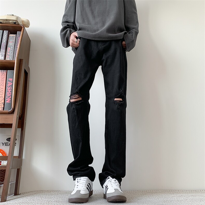 现货纯黑色破洞弹力加大码直筒牛仔裤310A-2BK302P50控78,男装牛仔裤,星座310A-2