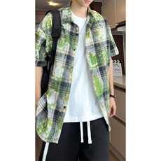 美式扎染格子衬衫短袖男女同款夏季衬衣半袖外套DC2240-特价P25，男装T恤，电商A007