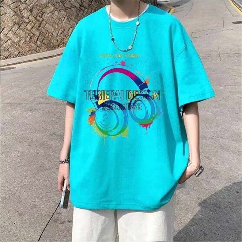 日系藏青色短袖t恤男款夏季涂鸦印花纯棉重磅宽松ins潮牌半袖,男装T恤,星座218-1（原230）
