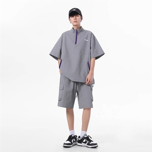 泡泡纱立领短袖短裤两件套男生夏季薄款速干休闲运动套装TZ115图片