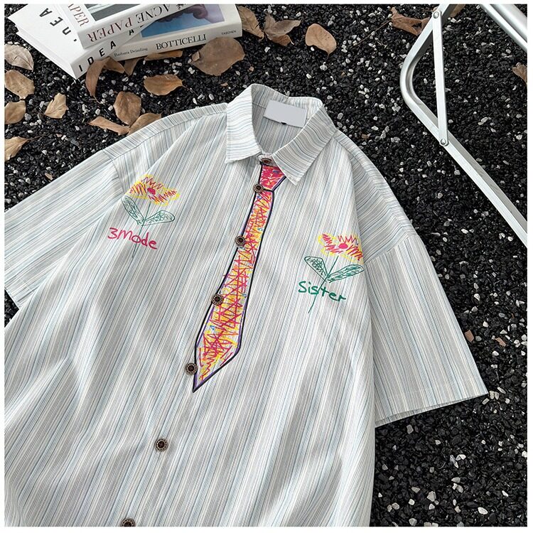 创意设计感花条纹印花手绘领带短袖衬衫男女趣味学院风涂鸦衬衣,男装工装外套,星座1013