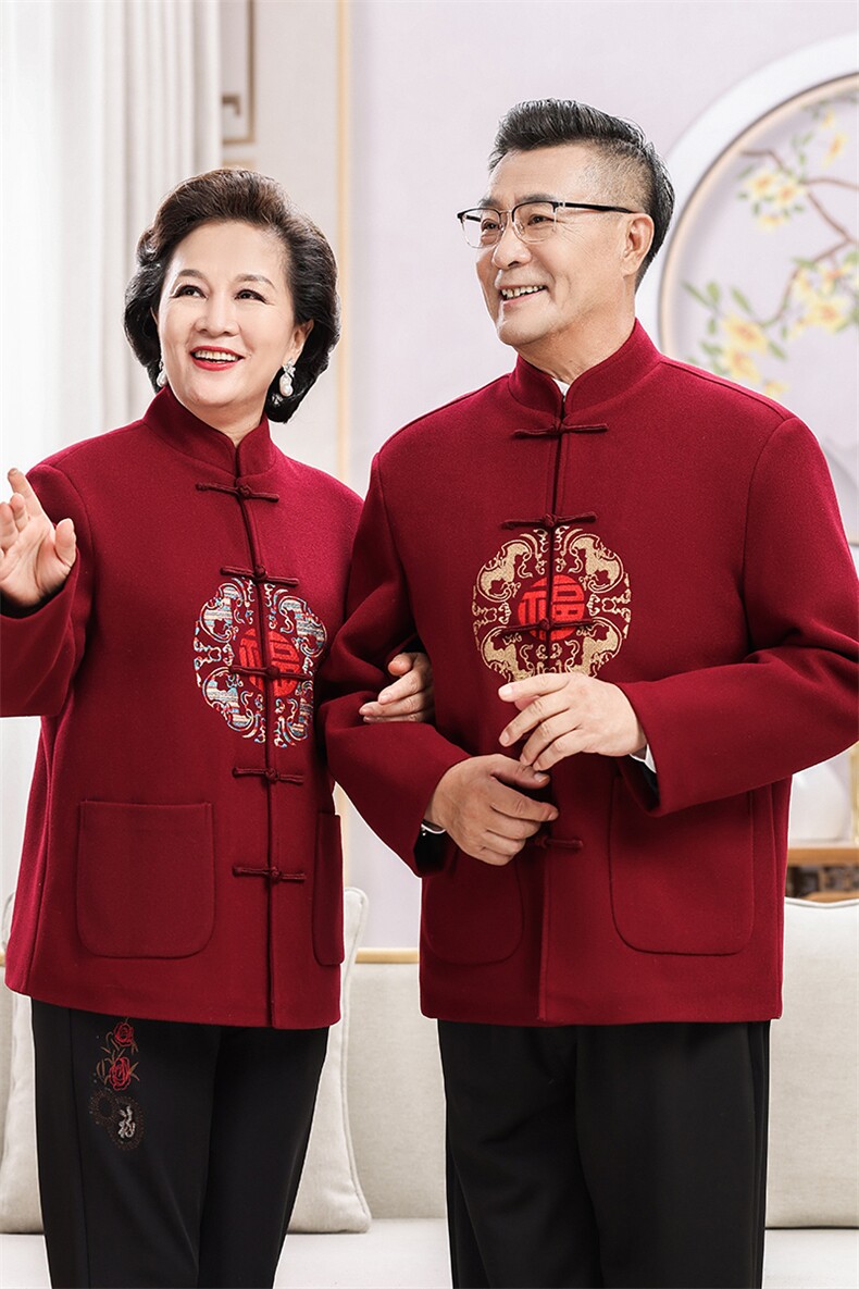 情侣装羊毛呢中老年秋款唐装套装男士风复古新中式双面呢唐装,男装休闲套装,钱塘723