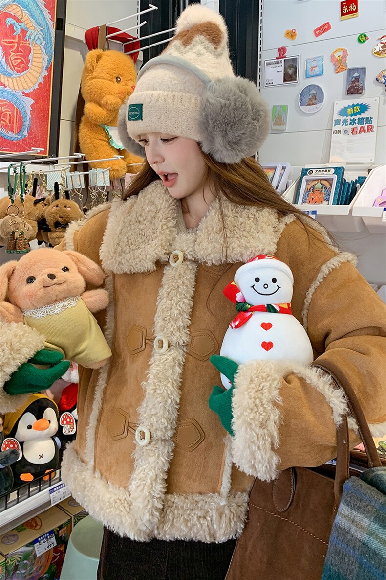 冬麂皮绒毛毛短外套加绒加厚冬新款仿皮毛一体羊羔毛棉服,女装羊羔毛/颗粒绒,诺蝶