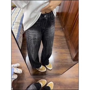 欧美风复古水洗渐变牛仔裤男潮牌宽松直筒微喇高街阔腿裤图片