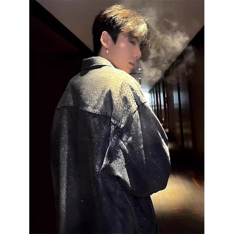美式高街烫钻牛仔外套潮牌复古高级感痞帅夹克上衣JK3401特P100,男装工装外套,星座908-1
