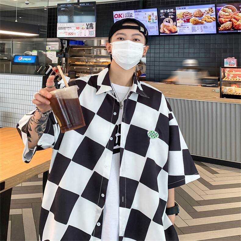 C6071/P35夏季新款格子冰丝短袖衬衫男女潮休闲衬衣宽松大码上衣,男装衬衫,电商A141