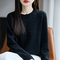 2025年秋季新款百搭女士长袖提花圆领针织衫，女装针织衫/毛衣，丹芙娇羊绒