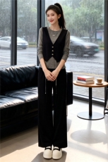 韩版时尚休闲套装女秋季新款马甲假两件长袖上衣宽松阔腿裤两件套，女装套装/套裙，江南