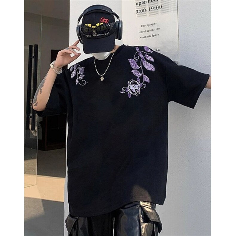 高街花卉刺绣t恤男装2025新款夏季宽松情侣款短袖上衣T8043,男装T恤,星座1116A（原606A-3）