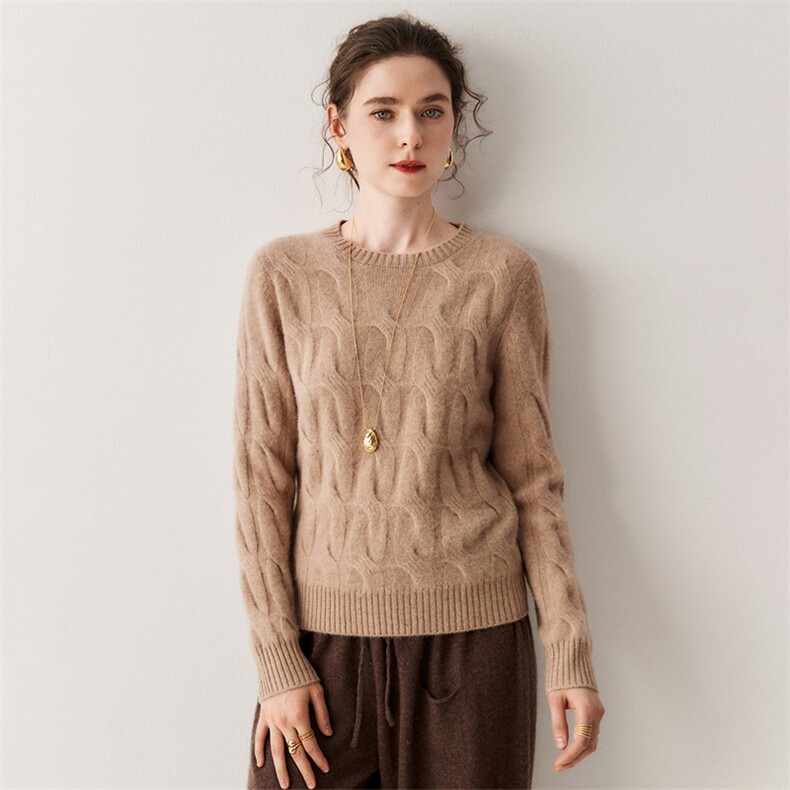 2025秋冬加厚圆领套头麻花山羊绒衫女针织毛衣软糯保暖亲肤针织衫，女装羊绒衫，绒创羊绒
