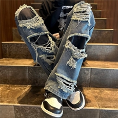 美式复古水洗破洞牛仔裤男女潮设计感小众高街阔腿裤X98P50，男装牛仔裤，星座1116-2