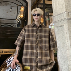港风大码美式复古贴标格子翻领短袖衬衫男XZ213-CS8806-P45控58，男装衬衫，星座213