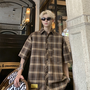 港风大码美式复古贴标格子翻领短袖衬衫男 XZ213-CS8806-P45控58图片