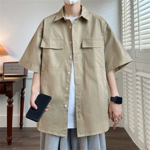 F216-P45 2024夏季新款日系宽松工装衬衣男翻领五分袖衬衫男 现货图片