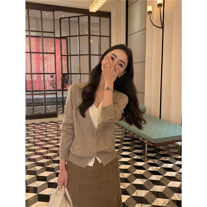 2025年秋季V领假两件针织开衫时尚休闲通勤百搭，女装针织衫/毛衣，恒旺羊绒