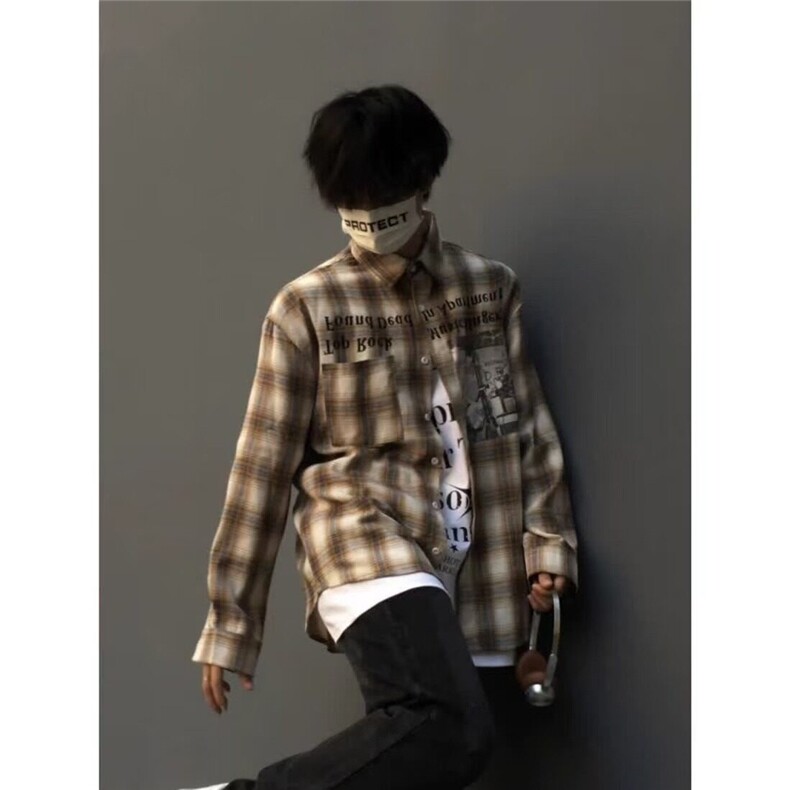 潮牌嘻哈hiphop格子衬衫男ins美式复古漫画长袖上衣宽松衬衣外套,男装衬衫,星座506A