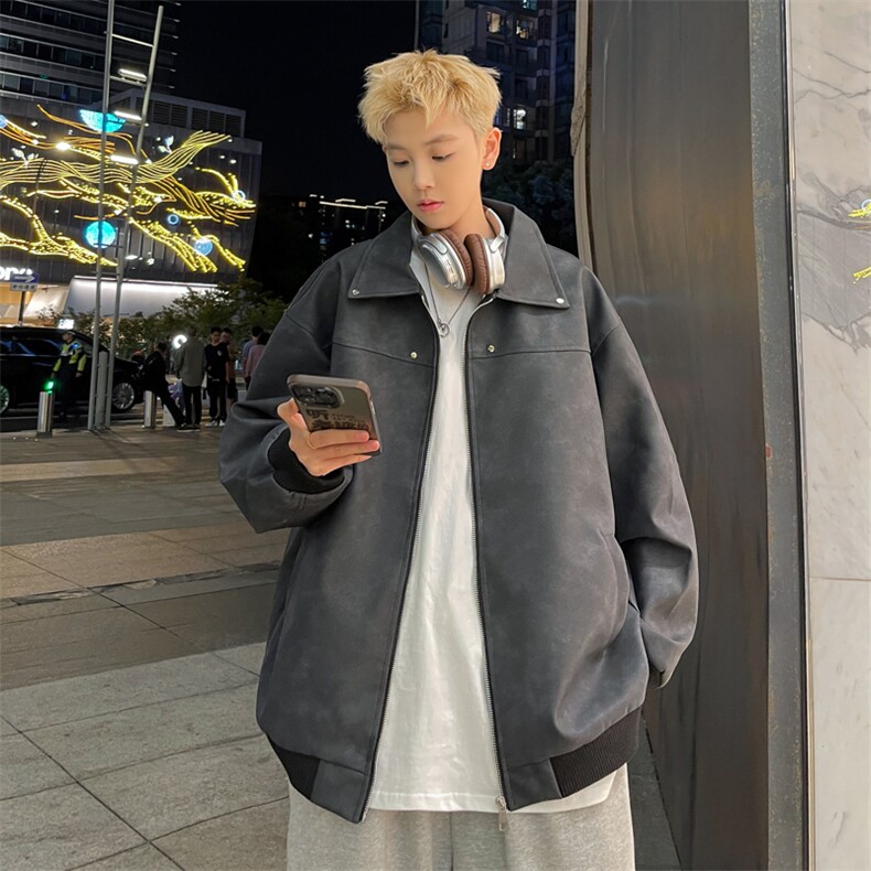 秋季翻领皮夹克男宽松男士皮衣外套潮新款薄A266-PY010-特批P65，男装皮衣，电商A266