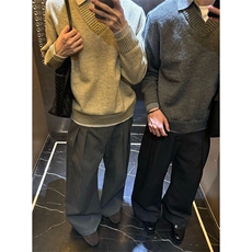 重磅北极绒假两件衬衫领毛衣美式高街复古休闲慵懒纯色翻领针织衫，男装针织衫/毛衣，电商A486