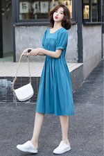 法式复古连衣裙2021夏季新款纯色简约高腰显瘦收腰中长款过膝女，女装连衣裙，辉之琳