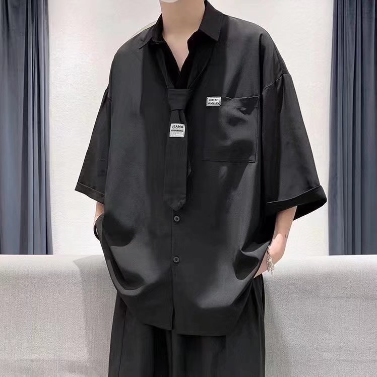 短袖衬衫男ins夏季薄款五分袖衬衣外套宽松潮牌港风上衣潮流百搭,男装T恤,星座1210-1