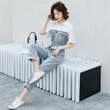 2026夏装新款时尚休闲高腰衬衫牛仔拼接连体裤长裤（配腰带），女装连体裤，印象茜