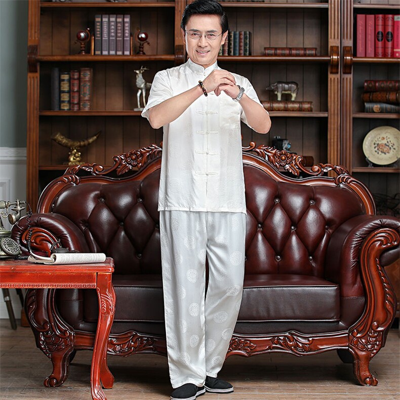 男士中老年短袖长裤两件套夏季宽松大码套装生日服，男装休闲套装，钱塘6003B