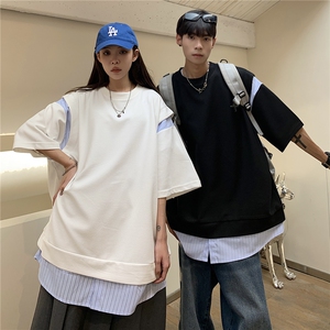 情侣装港风设计条纹衬衫拼接 潮 情侣短袖T恤上衣男 G1052 P45男图片