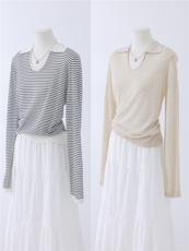 天爽亚麻剪刀领套头，女装针织衫/毛衣，优麦羊绒（原洪叶羊绒）